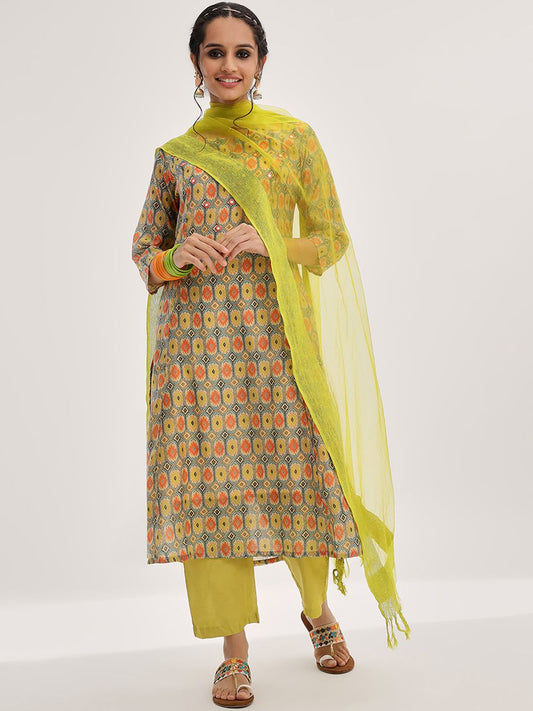 Dhiyona VA Women's Lime Green Ethnic Motifs Printed Mirror Work Kurta with Trousers & With Dupatta