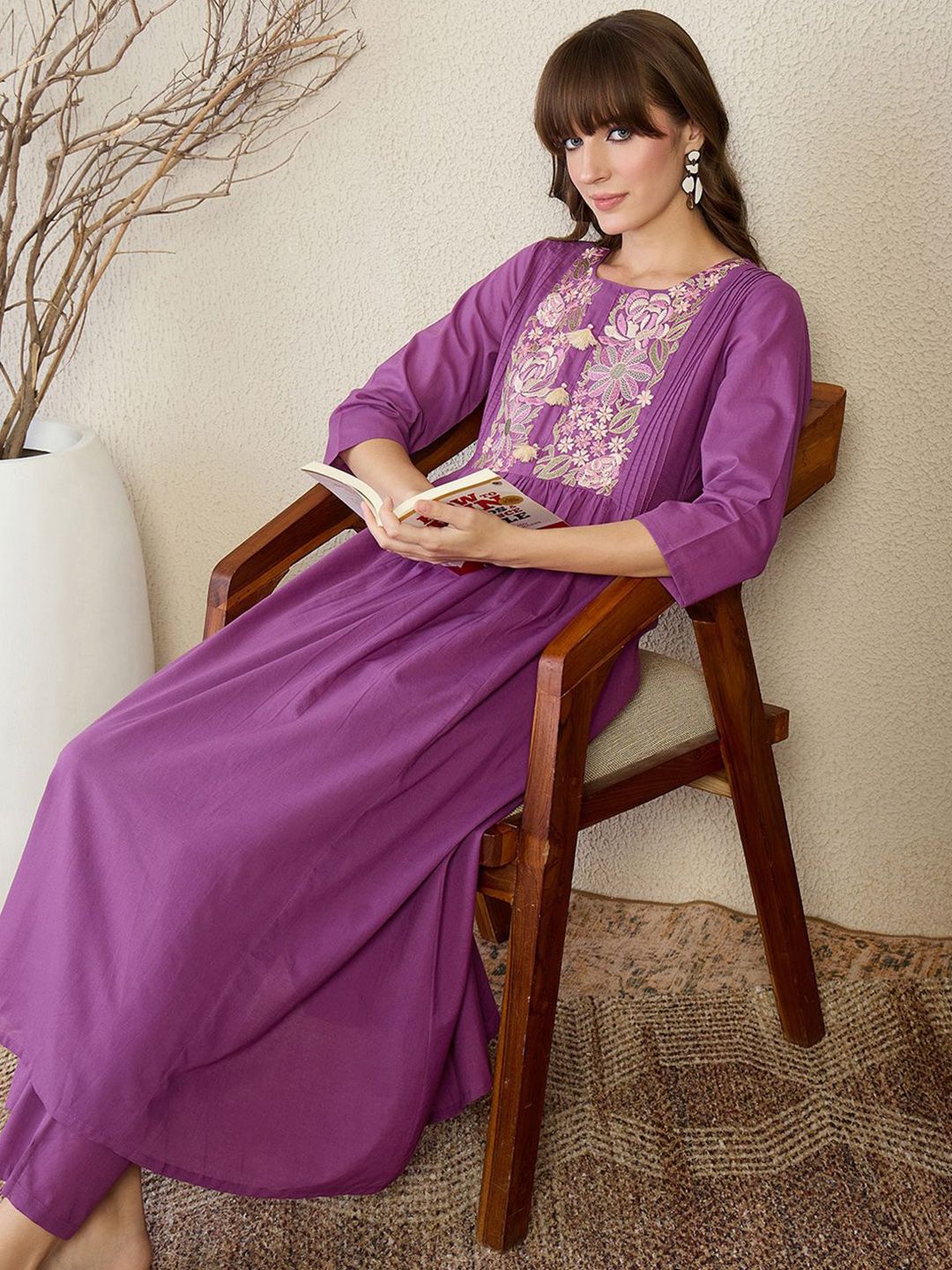 Floral Embroidered Thread Work Pure Cotton A-Line Kurta With Trousers