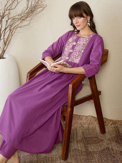 Floral Embroidered Thread Work Pure Cotton A-Line Kurta With Trousers