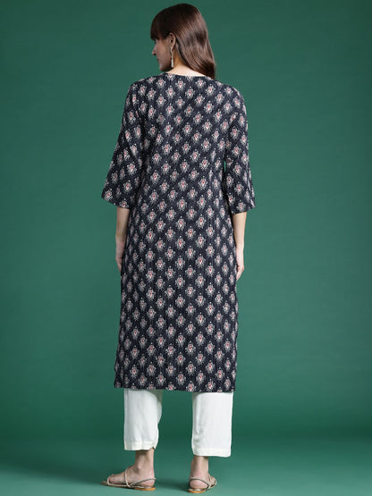 Dhiyona IE Ethnic Motifs Printed Kantha Work Pure Cotton Kurta