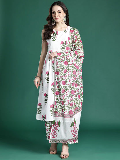 Women Floral Printed Pleated Pure Cotton Kurta with Palazzos & With Dupatta