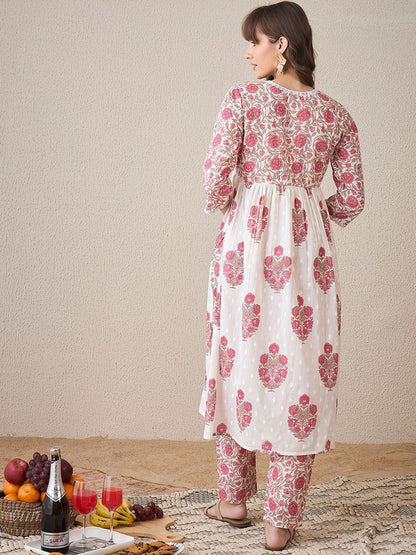 Dhiyona IE Floral Printed V-Neck A-Line Pure Cotton Tunic With Trouser