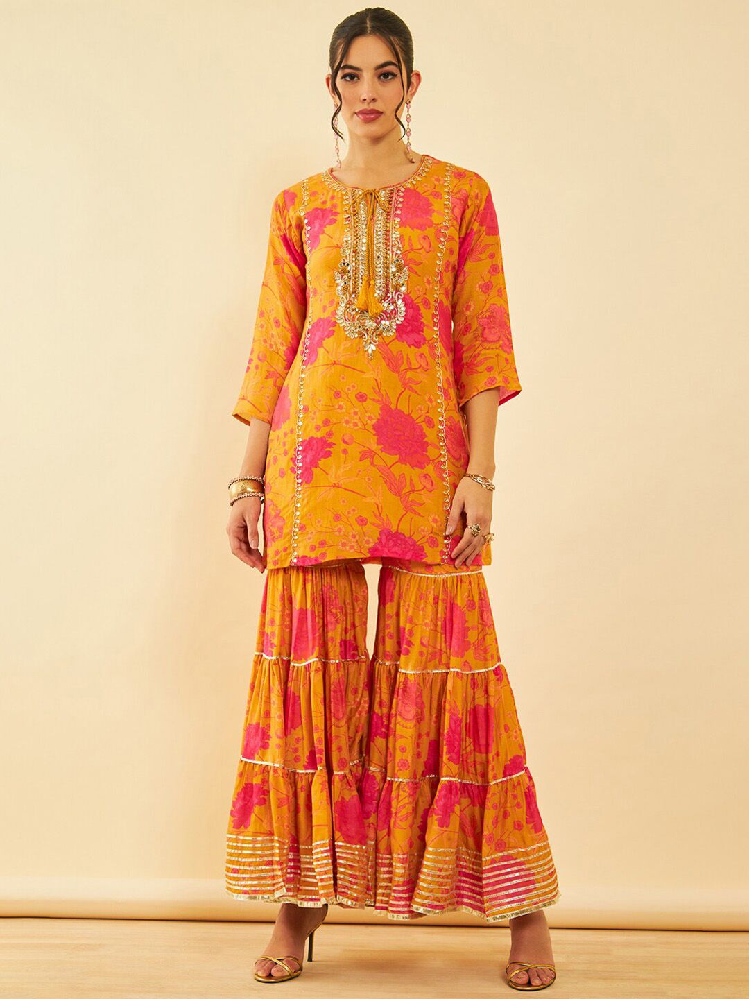 Dhiyona SO Women's Floral Printed Regular Zardozi Kurta with Sharara & Dupatta