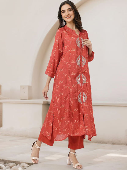 Dhiyona IS Women's Bandhani Printed Mandarin Collar A-Line Kurta With Trousers