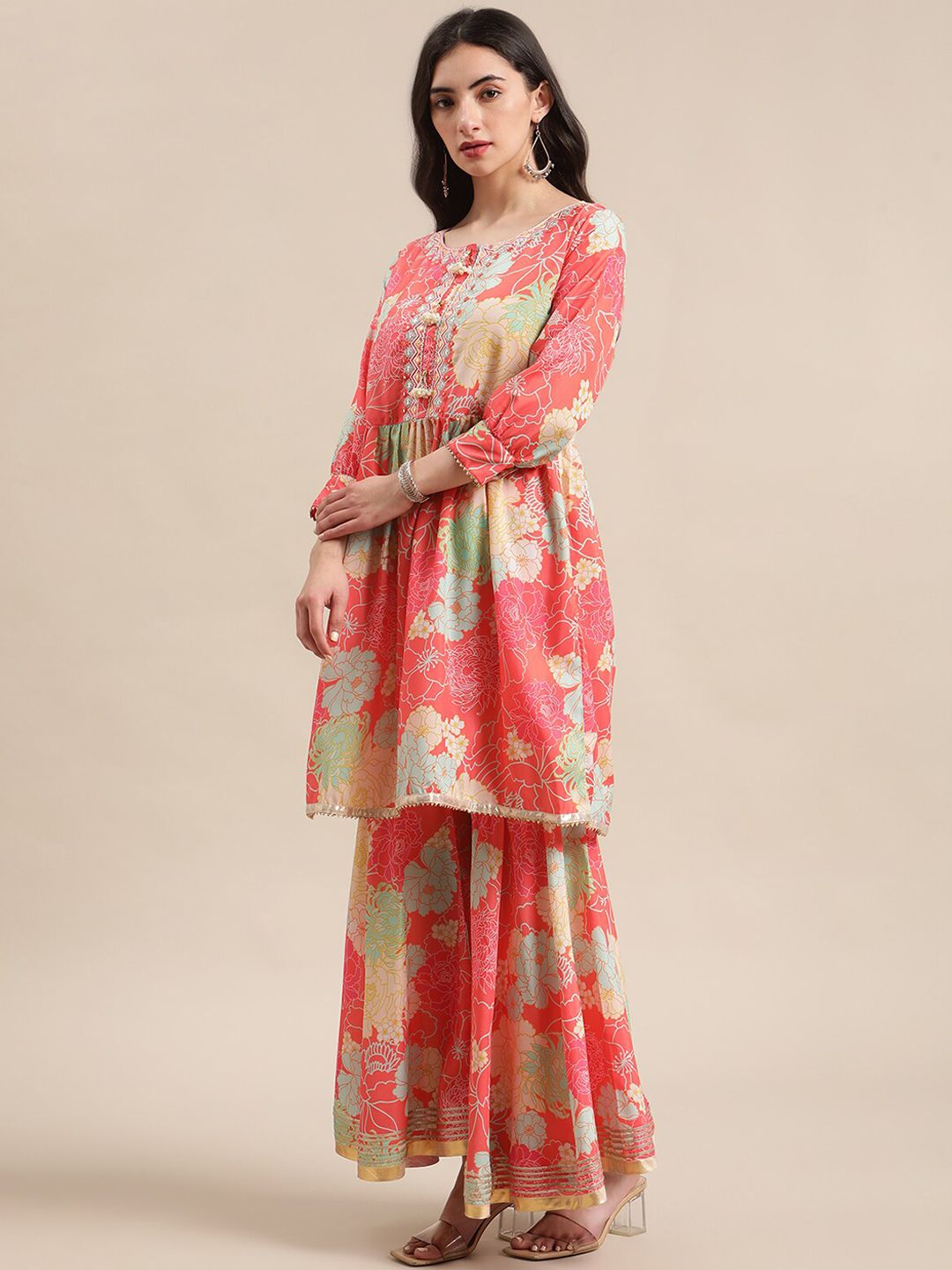 Dhiyona VA Women's Coral Floral Printed Empire Kurta with Sharara & With Dupatta