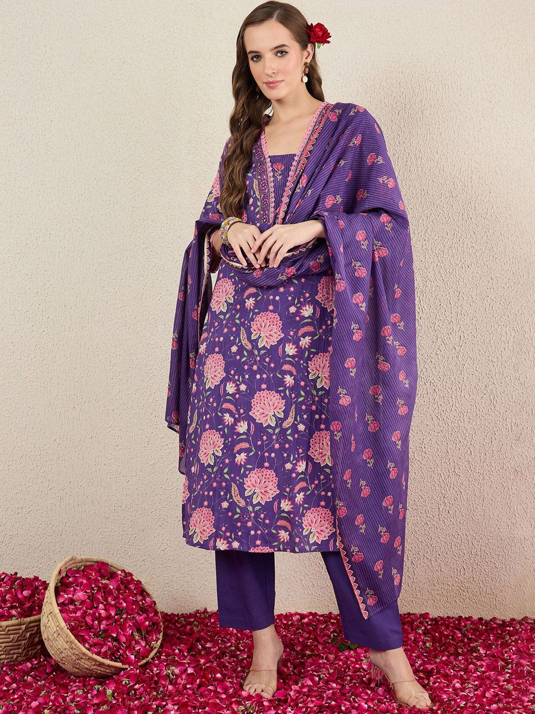 Dhiyona IE Women Floral Printed Cotton Kurta with Trousers & Dupatta