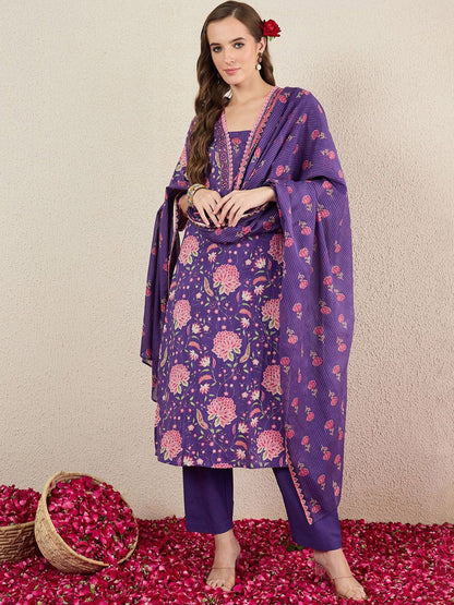 Dhiyona IE Women Floral Printed Cotton Kurta with Trousers & Dupatta