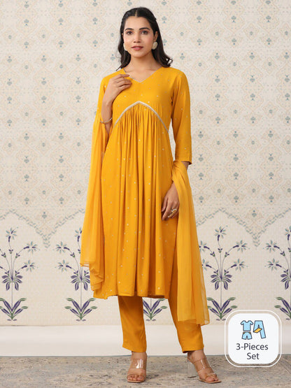 Dhiyona OD  Geometric Printed Pleated Kurta & Trousers With Dupatta