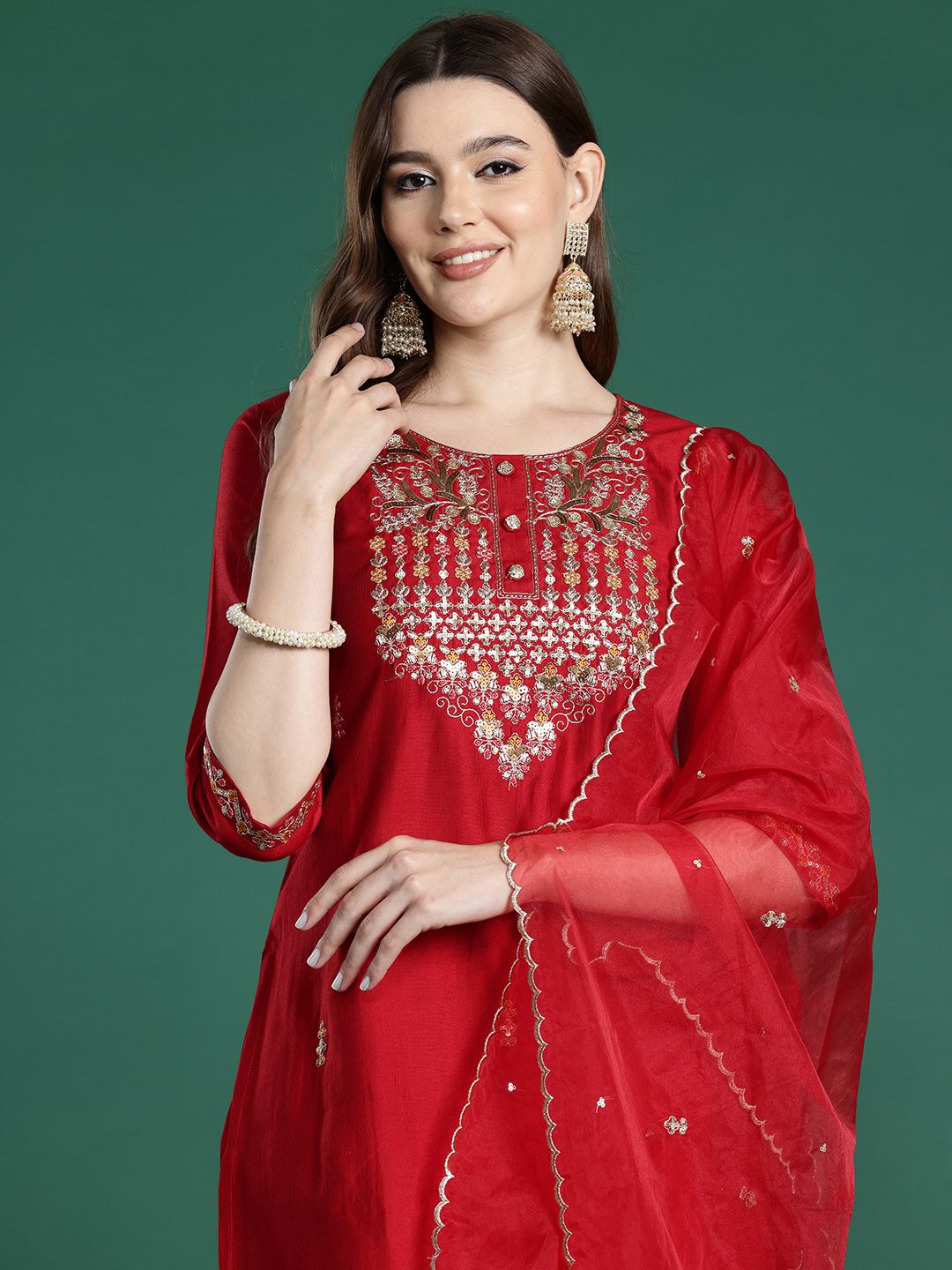 Dhiyona IE Ethnic Motifs Embroidered Regular Sequinned Liva Kurta with Trousers & Dupatta