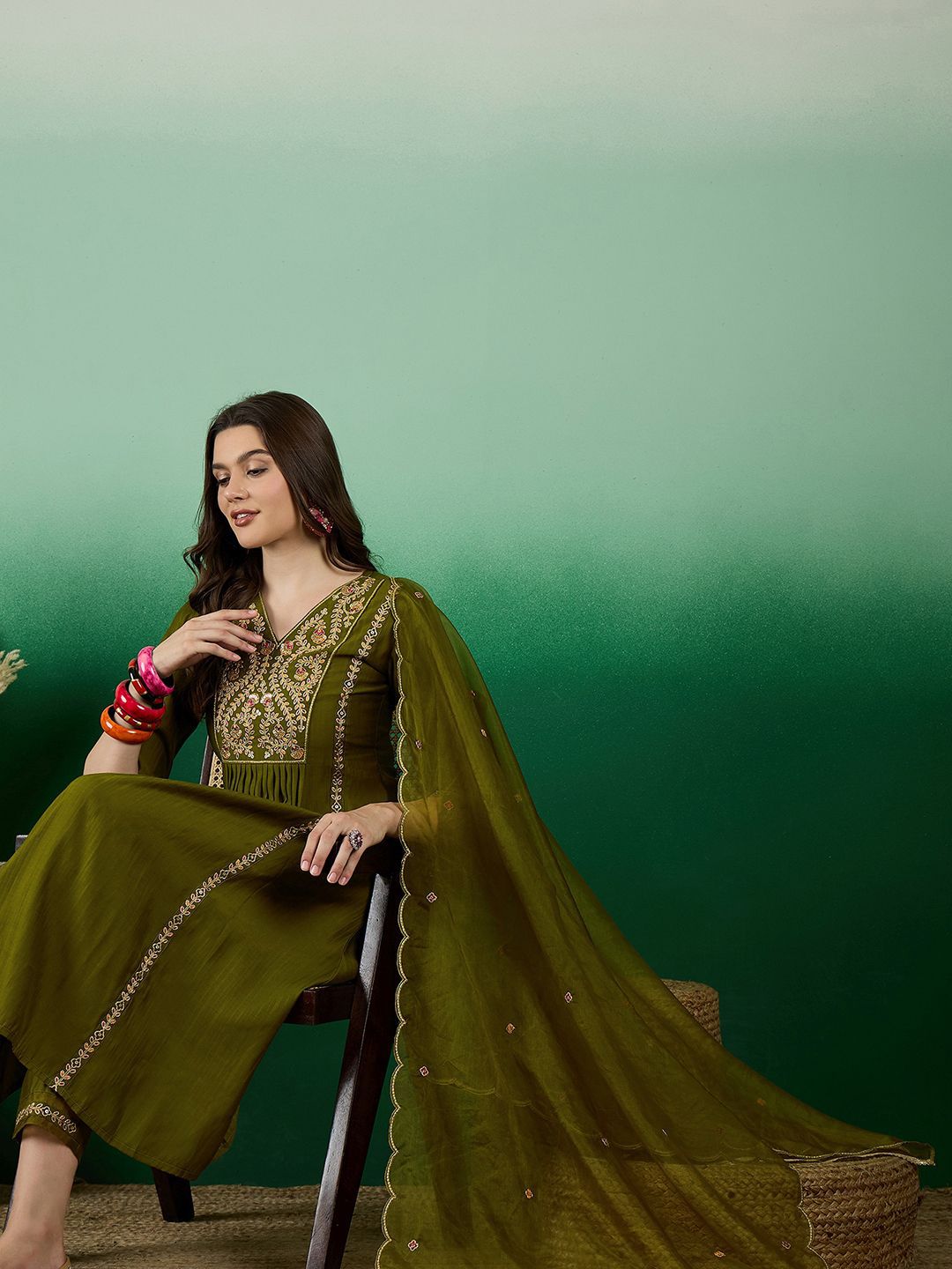 Dhiyona SN Women's Green Yoke Design Thread Work Pleated A-line Kurta With Trouser & Dupatta