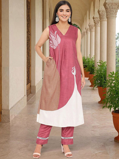 Dhiyona IS Women's Ethnic Motifs Printed V-Neck A-Line Kurta With Trousers