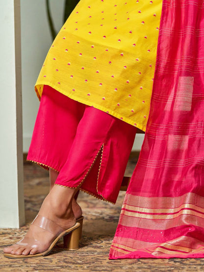 Dhiyona SN Women's Floral Embroidered Chanderi Cotton Straight Kurta With Trousers And Dupatta