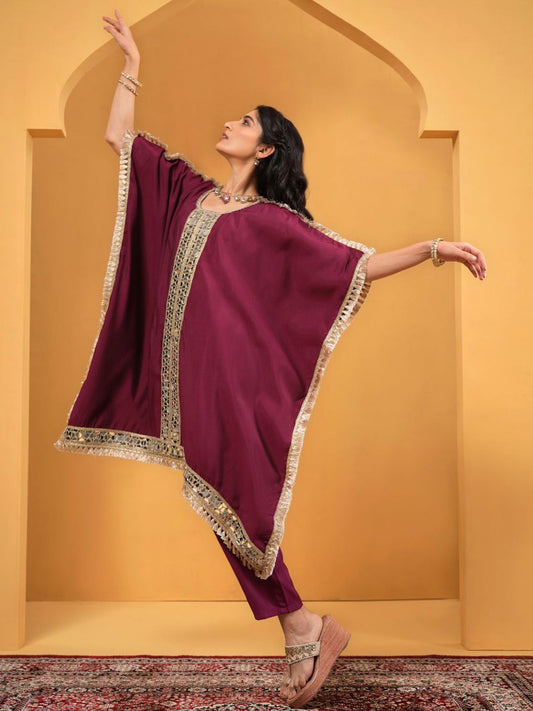 Dhiyona IS Women's Women Woven Design Embroidered Kaftan Kurta with Trousers