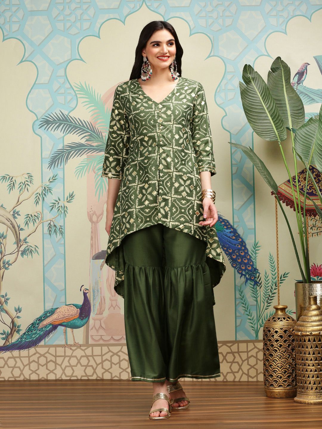 Dhiyona IS Women's Geometric Printed V-Neck A-Line Kurta with Sharara