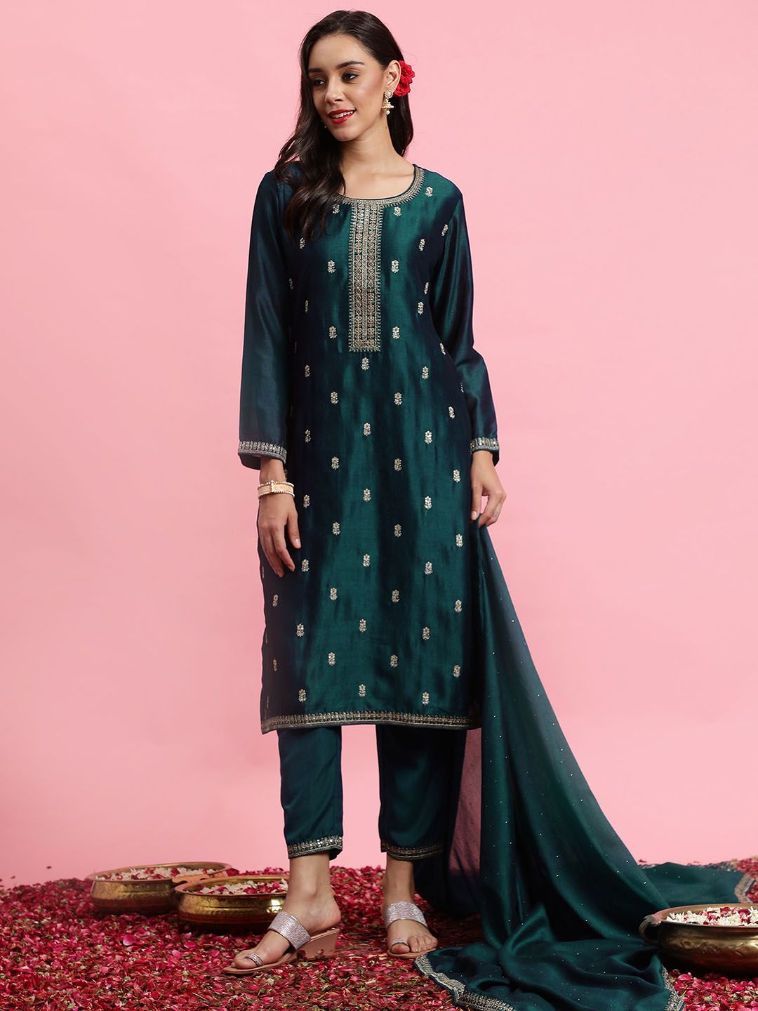 Dhiyona IE Embroidered Straight Sequinned Kurta with Trousers & Dupatta