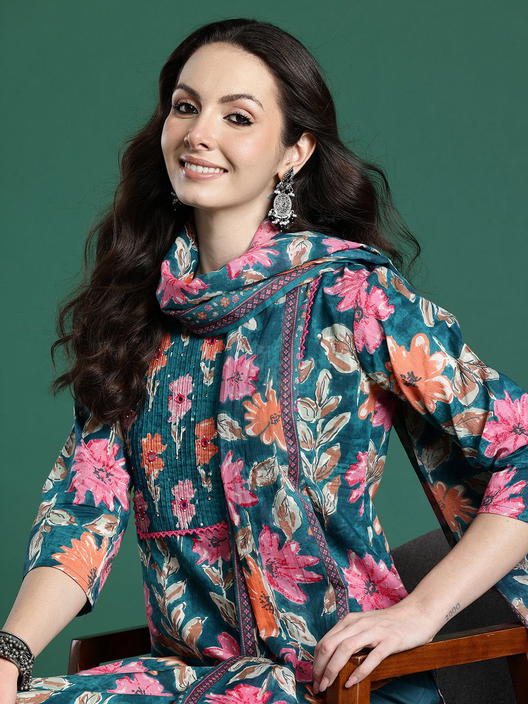 Floral Printed Pure Cotton Kurta with Trousers & Dupatta
