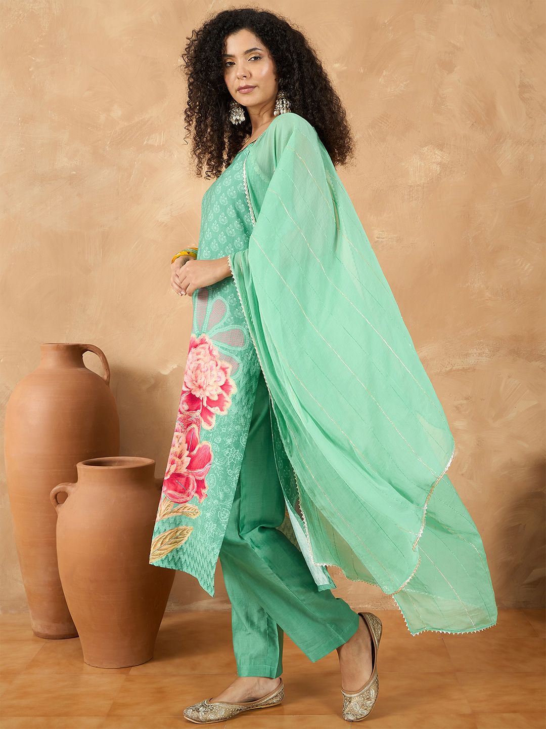 Dhiyona VA Women's Spaghetti Strap Floral Kurta with Trousers and Dupatta