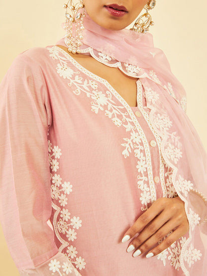 Dhiyona SO Women's Ethnic Motifs Embroidered Regular Chanderi Silk Kurta with Trousers & Dupatta