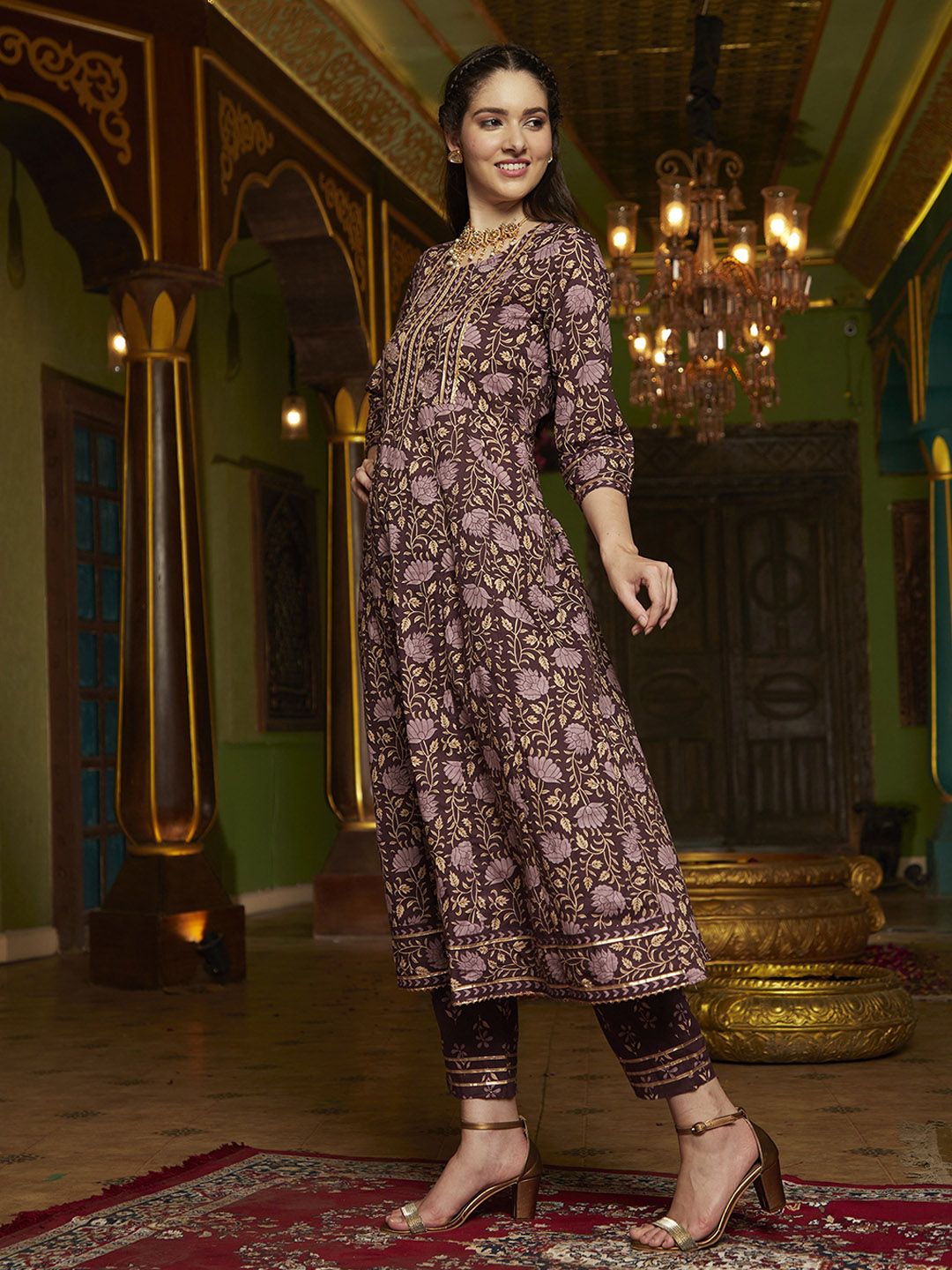 Dhiyona SN Women's Purple Floral Printed Pure Cotton Anarkali Kurta & Trouser With Dupatta