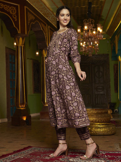 Dhiyona SN Women's Purple Floral Printed Pure Cotton Anarkali Kurta & Trouser With Dupatta
