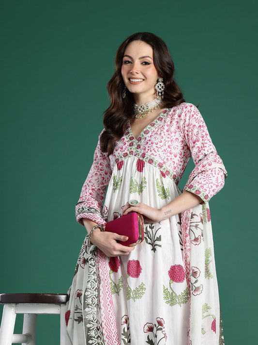 Dhiyona IE Floral Printed Empire Pure Cotton Kurta with Trousers & With Dupatta