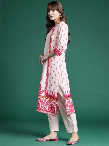 Dhiyona IE Ethnic Motifs Embroidered Panelled Pure Cotton Kurta with Trousers & Dupatta