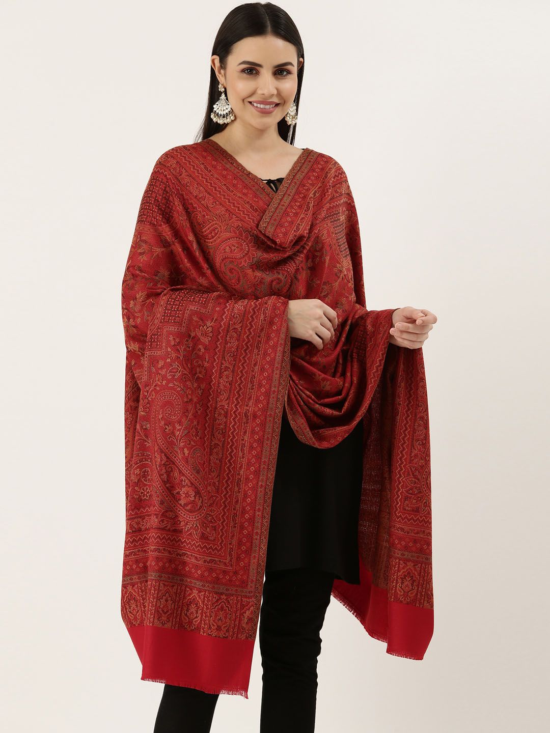 Dhiyona PA Women Red Woven Design Wool Jamawar Shawl