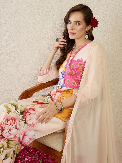 Women Floral Printed Linen Kurta with Trousers & Dupatta