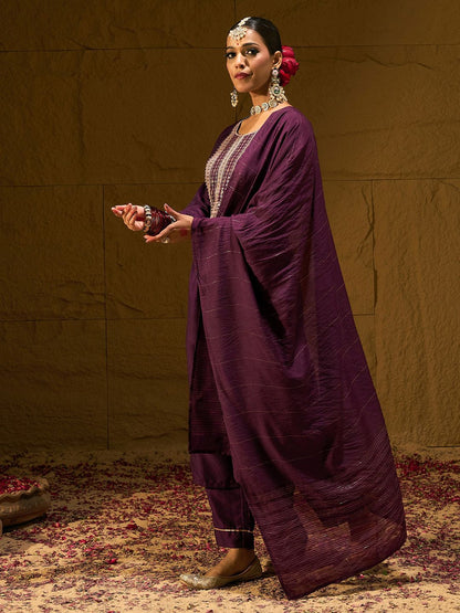 Dhiyona IE Burgundy Floral Embroidered Sequinned Dobby Weave Kurta with Trousers & Dupatta