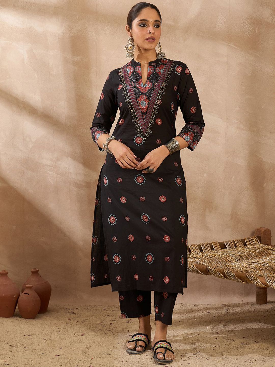Dhiyona IE Printed Pure Cotton Round Neck Tunic With Trousers Co-Ords