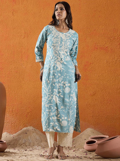 Dhiyona IE Floral Embroidered Thread Work Round Neck Straight Kurta