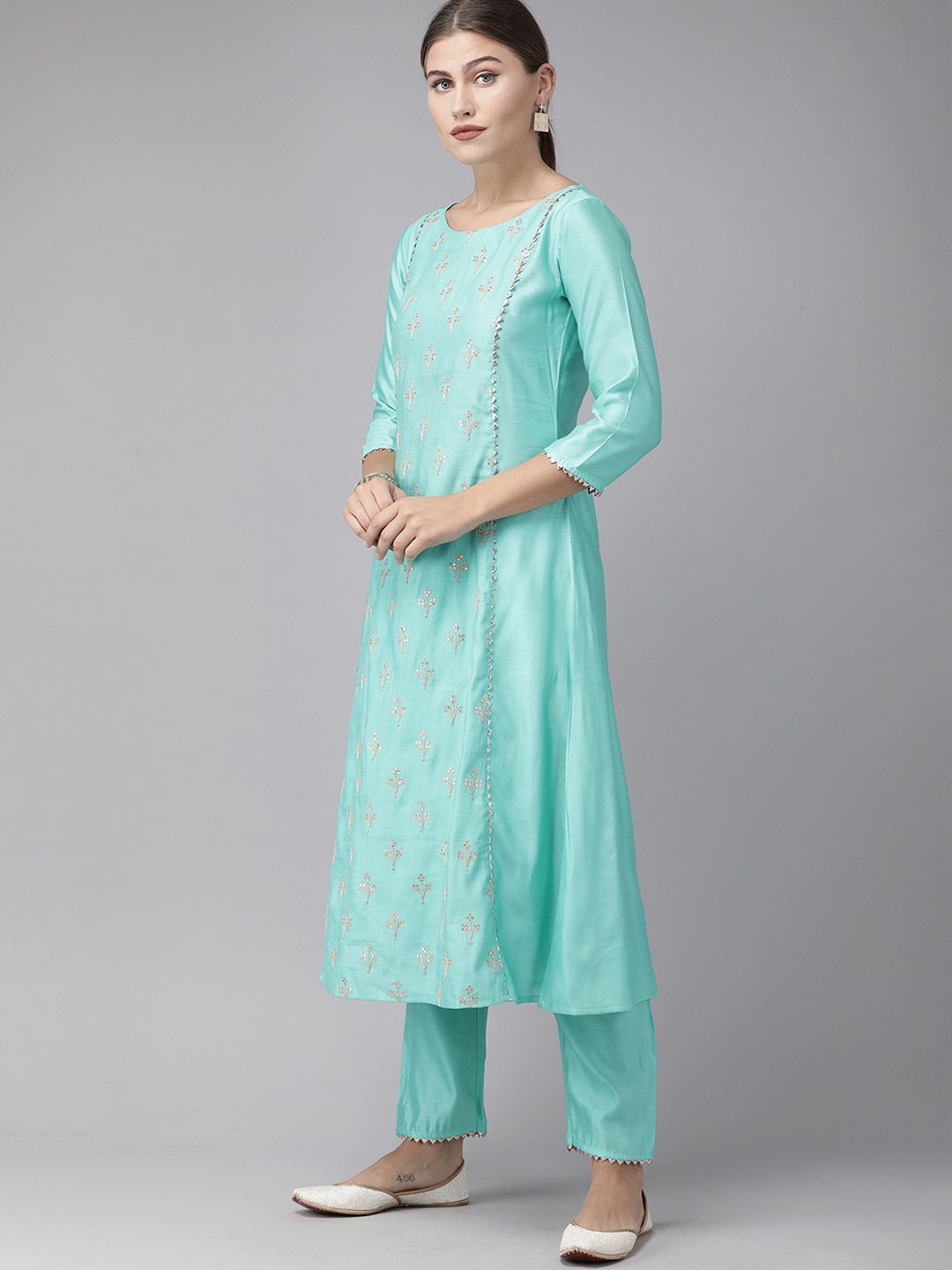 Women Sea Green Embroidered Liva Kurta with Trousers & Dupatta