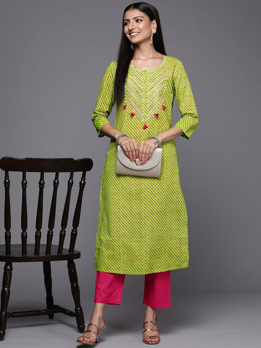 Dhiyona VA Women's Green Leheriya Embroidered Pure Cotton Kurta with Trousers