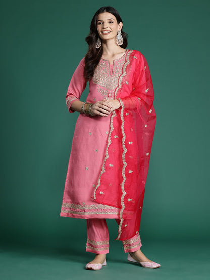 Ethnic Motifs Embroidered Sequinned Kurta With Trousers & Dupatta