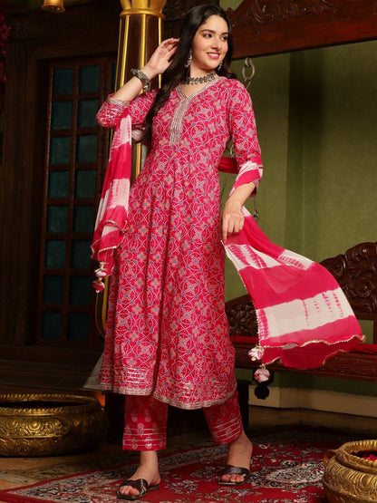 Dhiyona SN Women's Pink Ethnic Motifs Printed Sequinned Pure Cotton A-Line Kurta Set