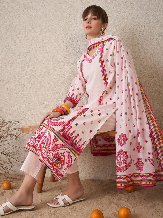Dhiyona IE Floral Printed V-Neck Pure Cotton Straight Kurta With Trousers & Dupatta