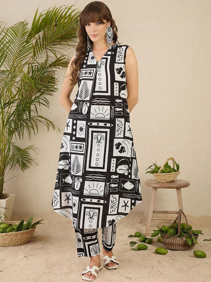 Dhiyona IE Women Geometric Printed Aline Calf Length Kurta with Trousers