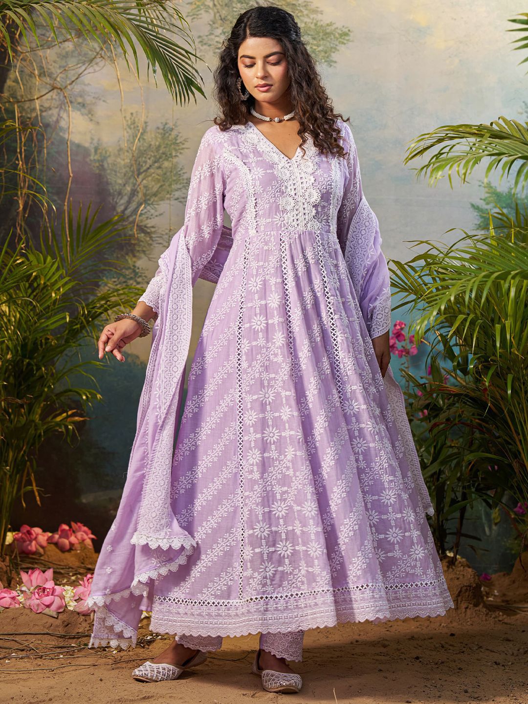 Floral Embroidered V Neck Anarkali Pure Cotton Kurta With Trousers & Dupatta