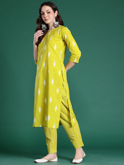 Dhiyona IE Geometric Printed Sequinned Pure Cotton Kurta with Trousers & Dupatta