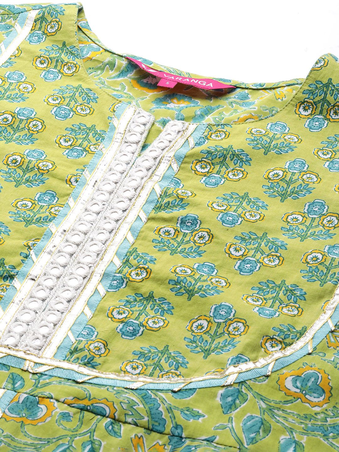 Dhiyona VA Women's Green Floral Printed High Slit Mirror Work Pure Cotton Kurta with Palazzos & With Dupatta