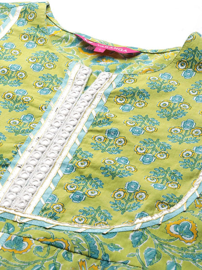 Dhiyona VA Women's Green Floral Printed High Slit Mirror Work Pure Cotton Kurta with Palazzos & With Dupatta