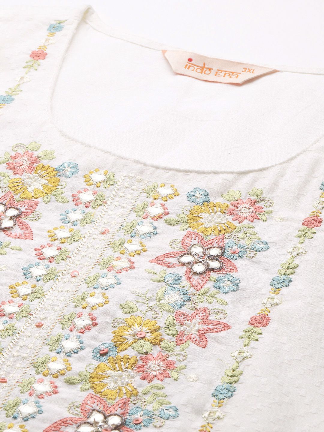 Plus Size Floral Embroidered Panelled Mirror Work Pure Cotton Kurta Set