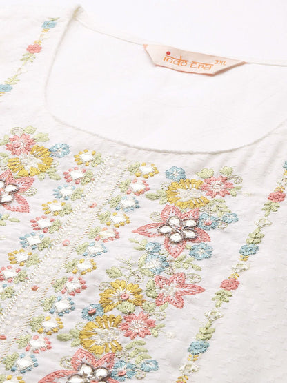 Plus Size Floral Embroidered Panelled Mirror Work Pure Cotton Kurta Set