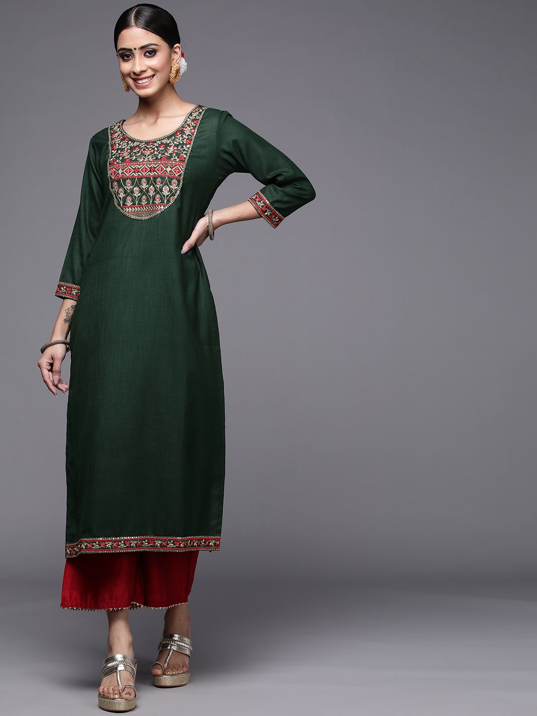 Dhiyona IE Women Green Ethnic Motifs Yoke Design Kurta