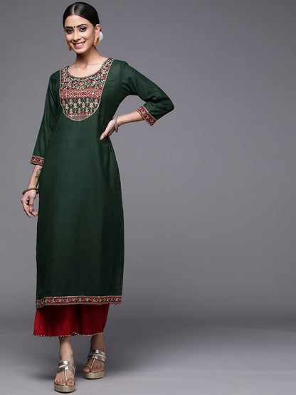 Dhiyona IE Women Green Ethnic Motifs Yoke Design Kurta