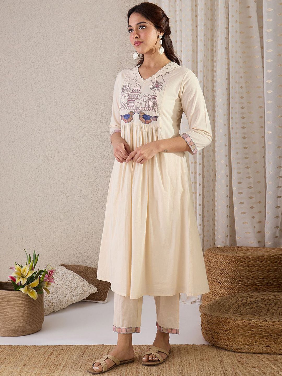 Dhiyona IE Embroidered V-Neck A-Line Top With Trousers Co-Ords