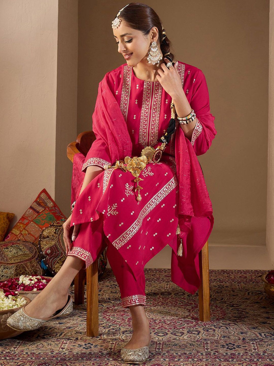 Dhiyona IE Women Ethnic Motifs Embroidered Regular Sequinned Kurta with Trousers & With Dupatta