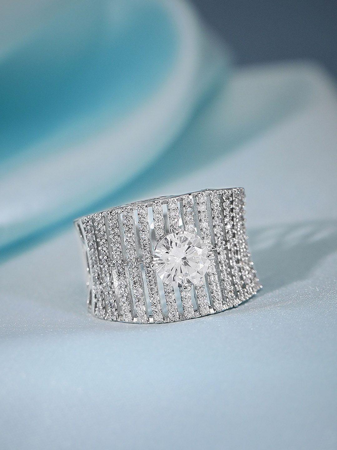 Dhiyona RJ Women's Silver Plated AD & Cubic Zirconia Studded Concave Adjustable Finger Ring