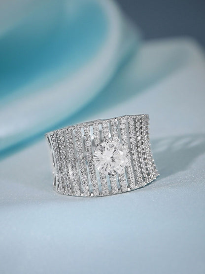 Dhiyona RJ Women's Silver Plated AD & Cubic Zirconia Studded Concave Adjustable Finger Ring