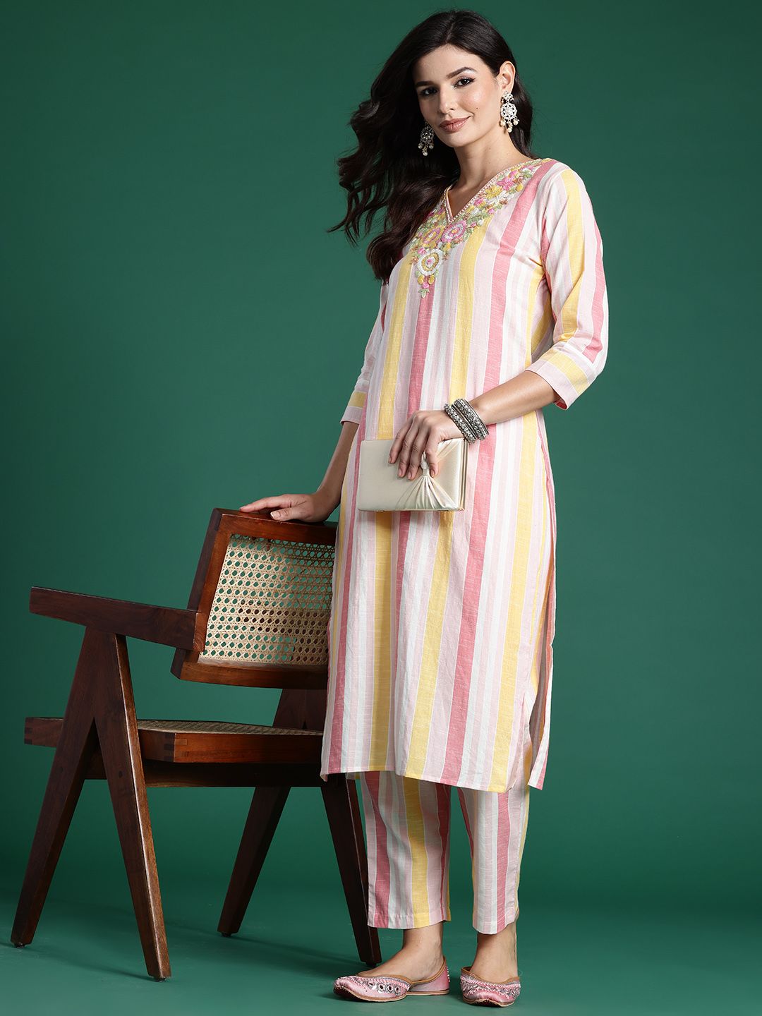 Dhiyona IE Striped Thread Work Pure Cotton Kurta with Trousers